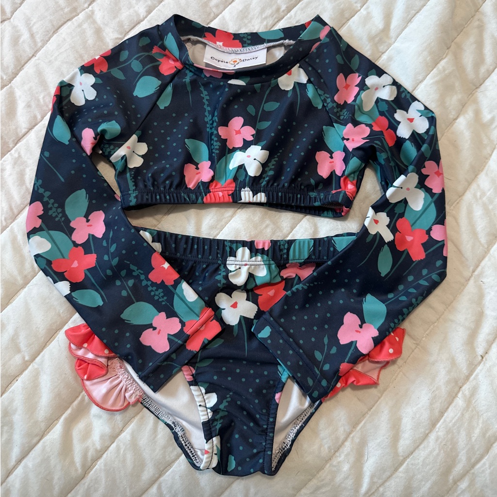 Oopsie Daisy 2t Navy Floral Long Sleeve Bikini With Pink & White Flowers